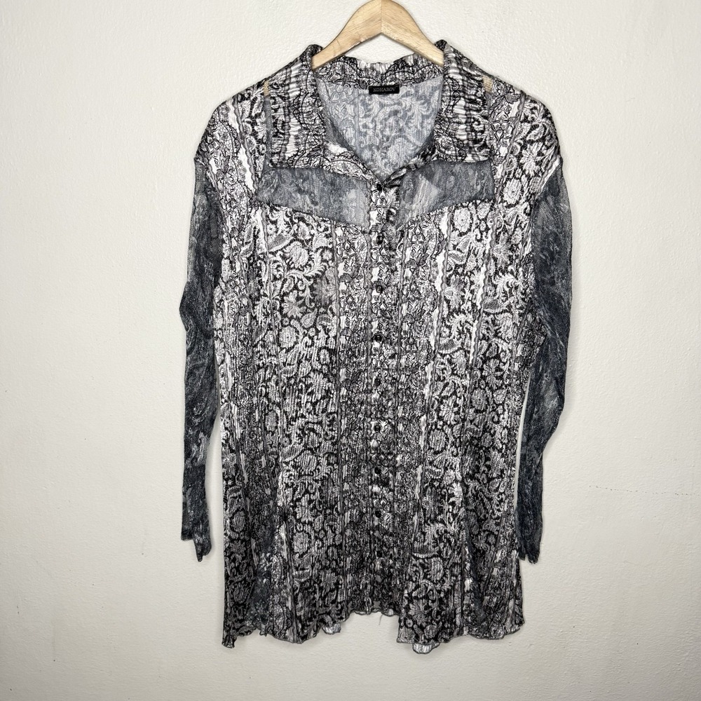 Komarov Pleated‎ Lace Detail Button Front Long Sleeve Blouse Top Women's XL